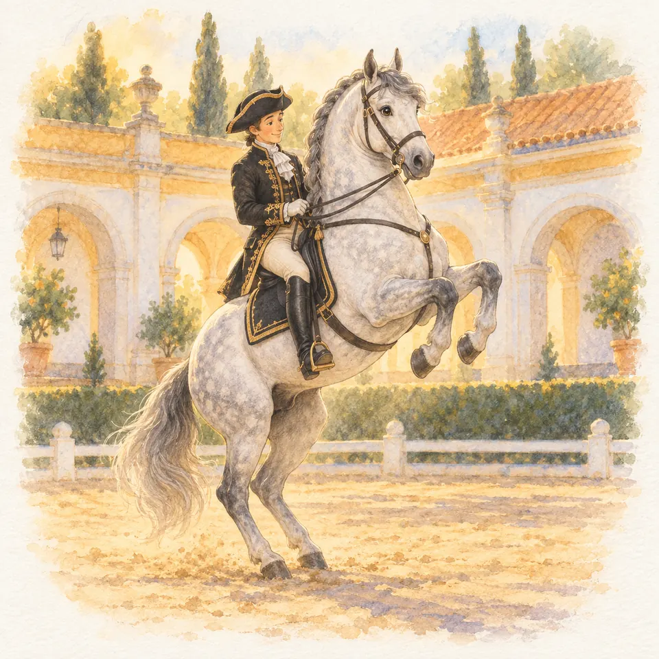 Une cavalière en habit noir à galons dorés et tricorne monte un cheval gris cabré dans une cour bordée d’arcades