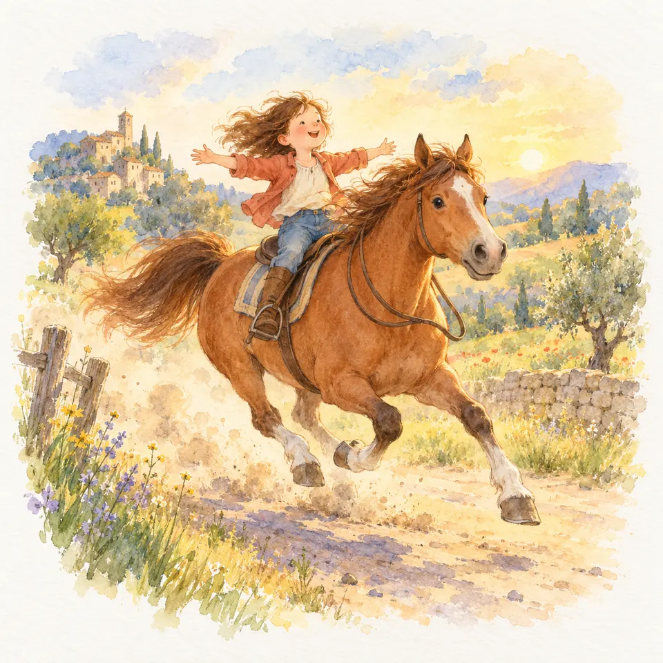 Une enfant galope sur un cheval alezan, les bras écartés et les rênes lâches, sur un chemin bordé de murets