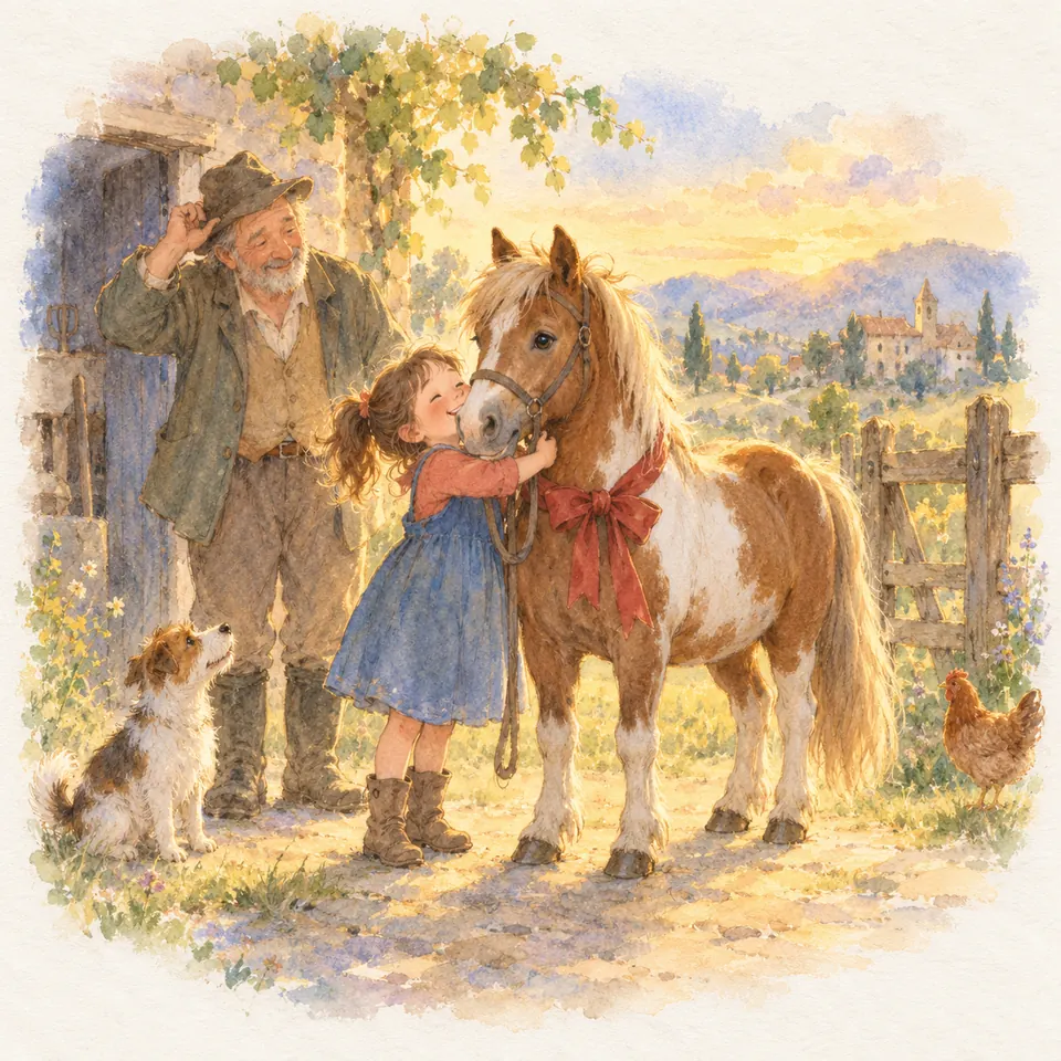 Une enfant enlace un poney pie alezan portant un nœud rouge, près d’un homme et d’un chien devant une ferme