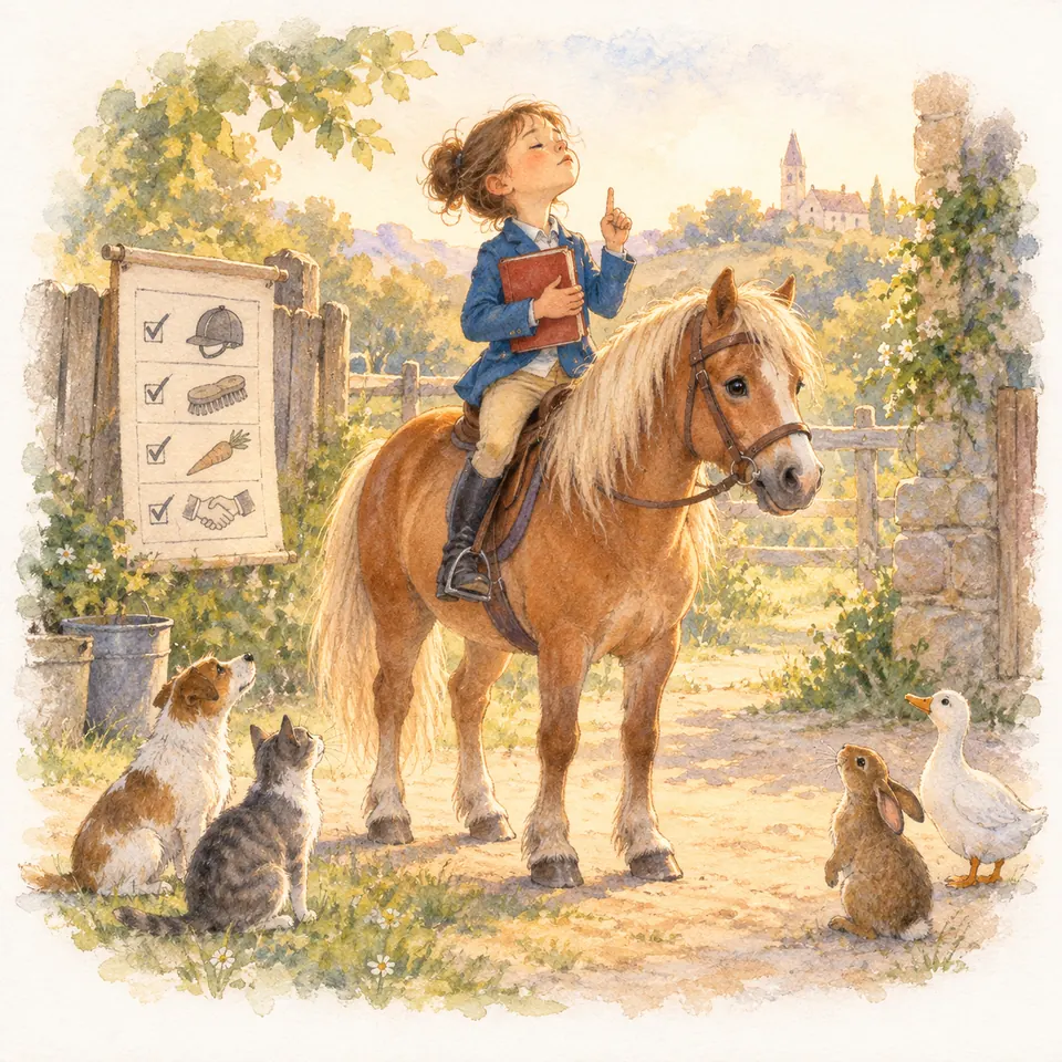 Une enfant sur un poney palomino tient un livre et lève un doigt près d’un panneau à cases cochées et d’animaux