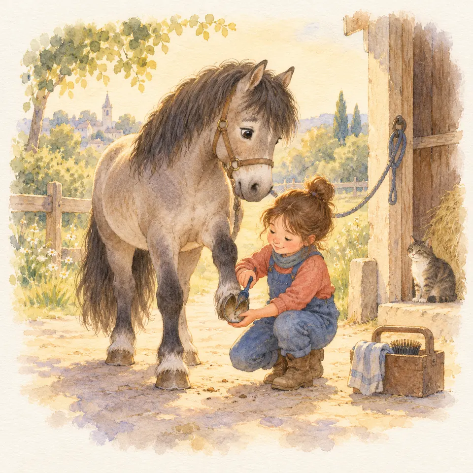 Une enfant accroupie tient le sabot levé d’un poney gris et le cure devant une écurie, près d’un panier de matériel