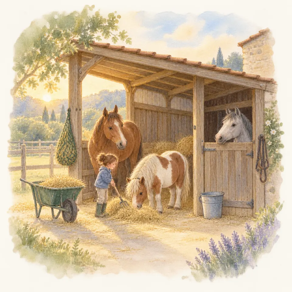 Une enfant se tient près d’un poney pie et de chevaux alezan et gris sous un abri en bois garni de foin