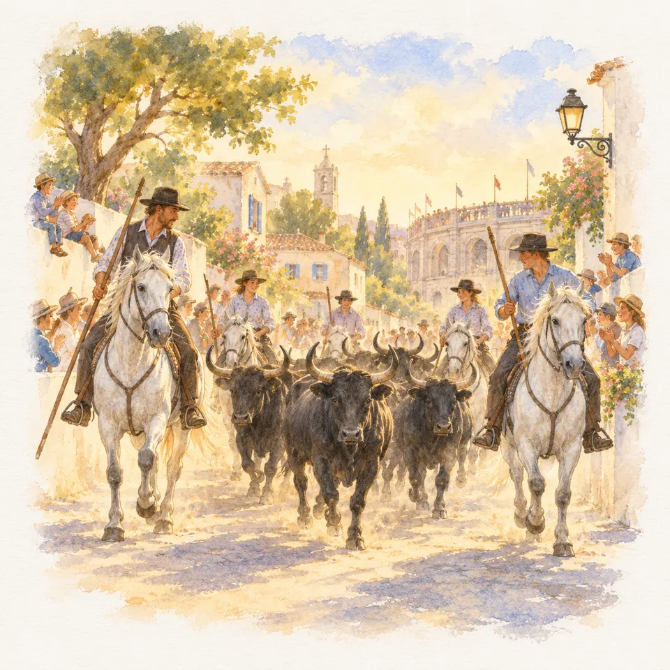 Des gardians montés sur des chevaux gris encadrent des taureaux noirs dans une rue bordée de spectateurs