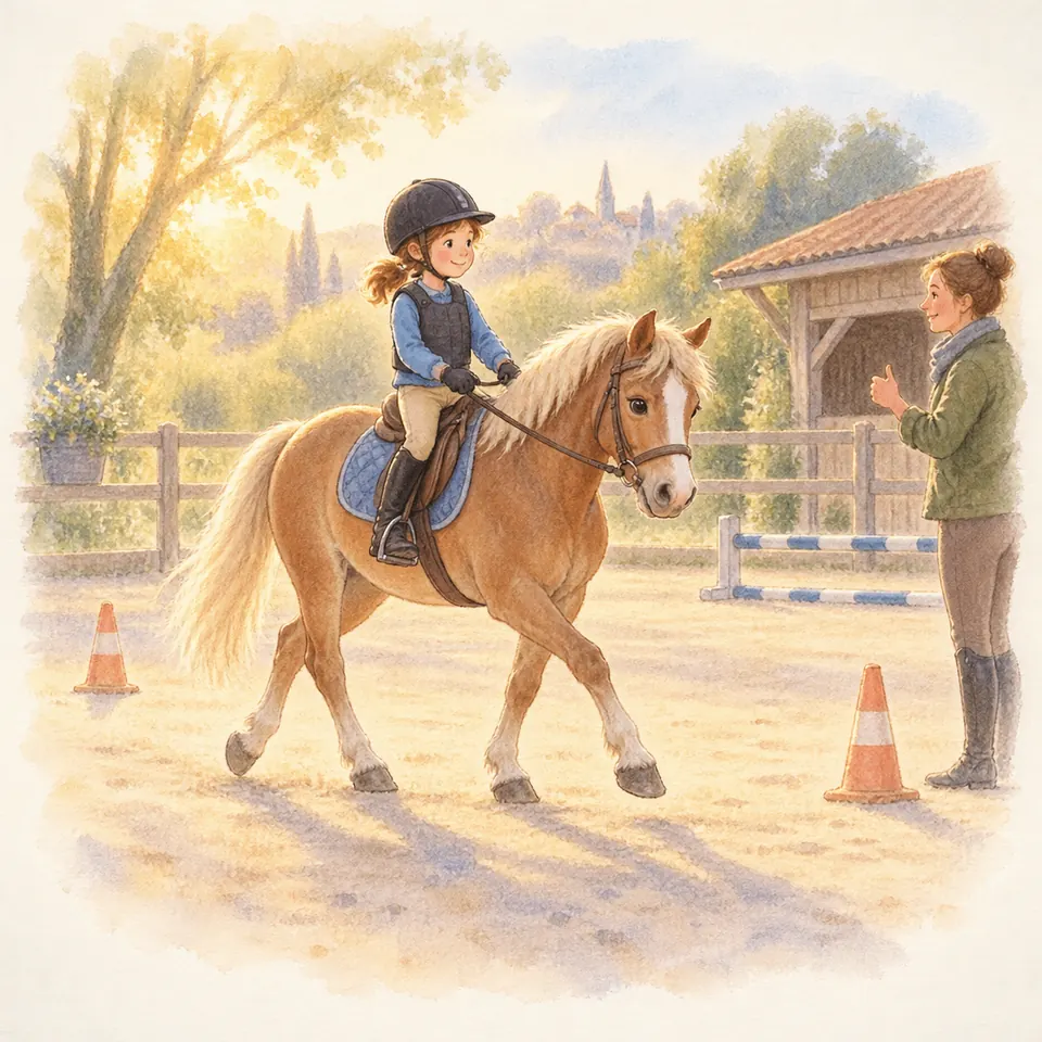 Une enfant tient les rênes d’un poney palomino dans une carrière, tandis qu’une monitrice lui fait un geste de la main