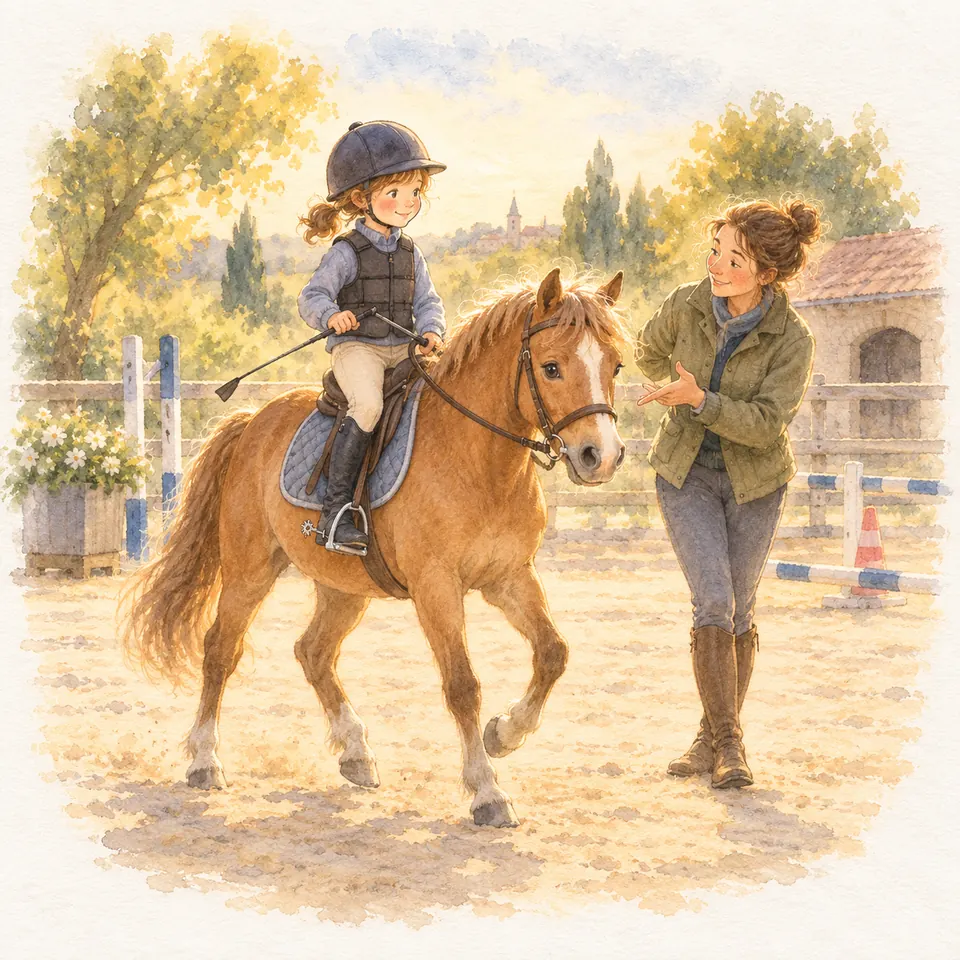 Une jeune cavalière tient une cravache sur un poney alezan, accompagnée d’une monitrice à pied dans la carrière