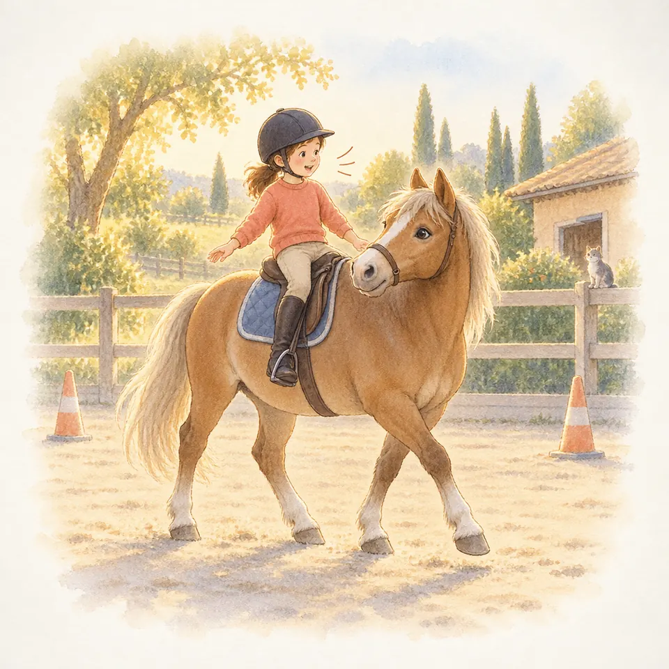 Une enfant à cheval sur un poney palomino parle et écarte une main dans une carrière délimitée par une clôture en bois