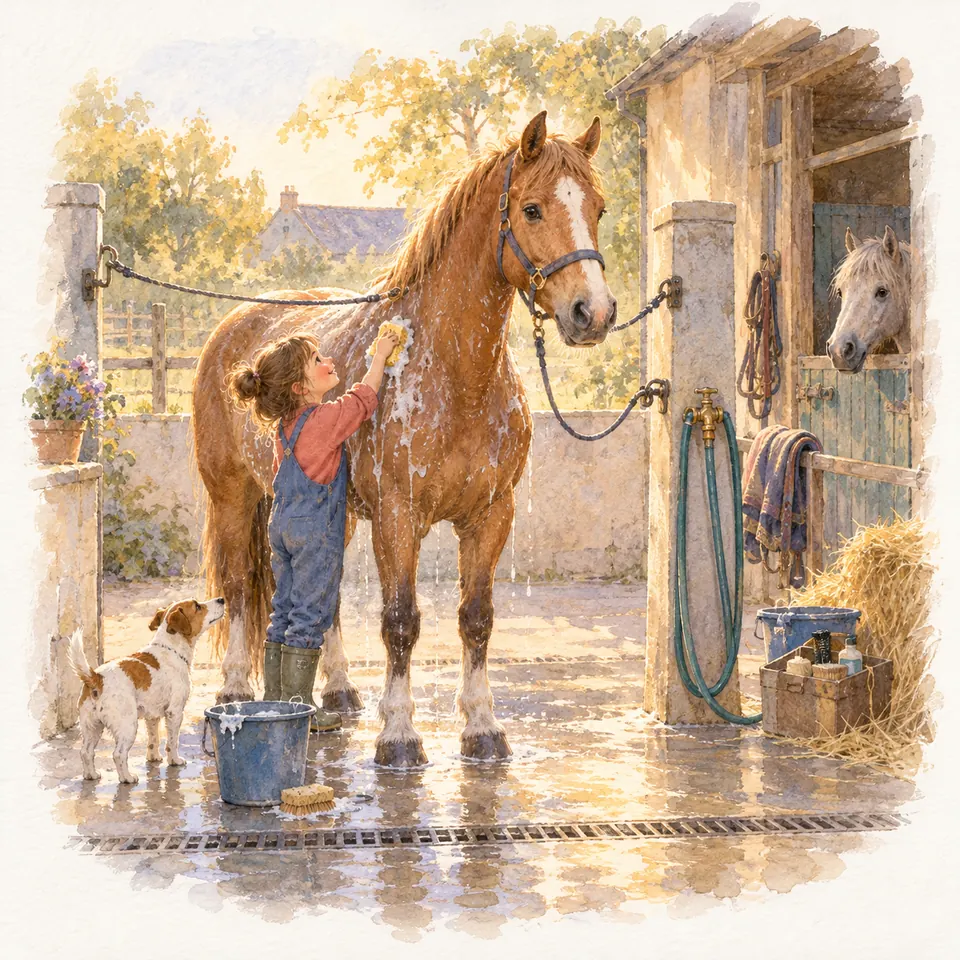 Une enfant frotte une éponge sur un cheval alezan attaché dans une aire de lavage, près d’un tuyau et d’un seau