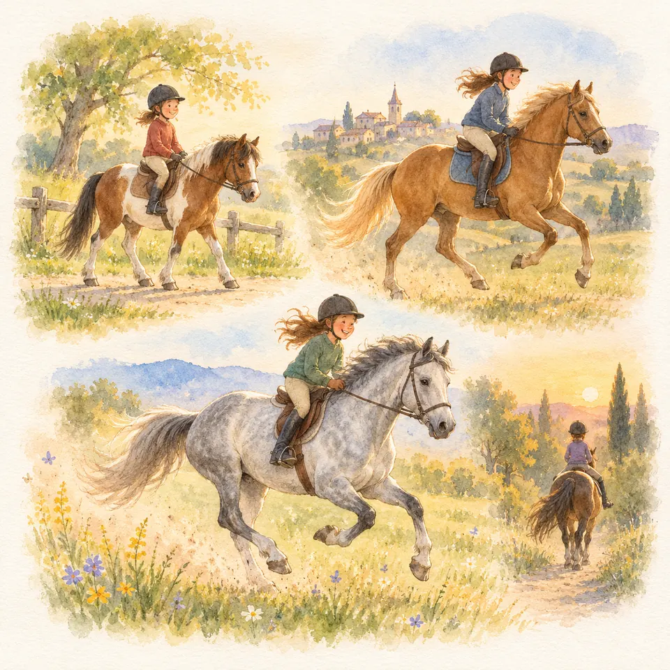 Des enfants montent un poney pie, un cheval alezan et un cheval gris à différentes allures sur des chemins de campagne