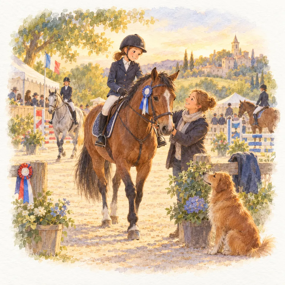 Une cavalière sur un cheval bai portant un flot bleu échange avec une femme à pied près des obstacles de concours