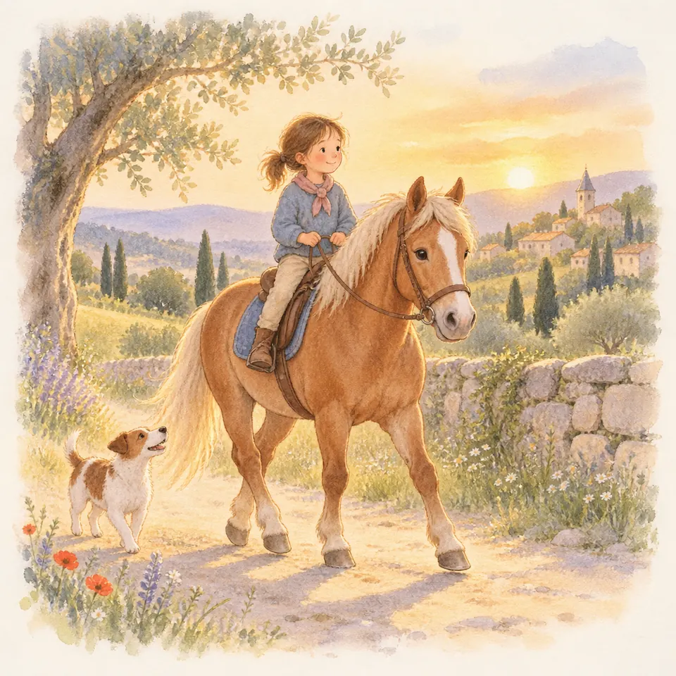 Une enfant monte un poney palomino qui avance sur un chemin bordé d’un muret, accompagné d’un petit chien