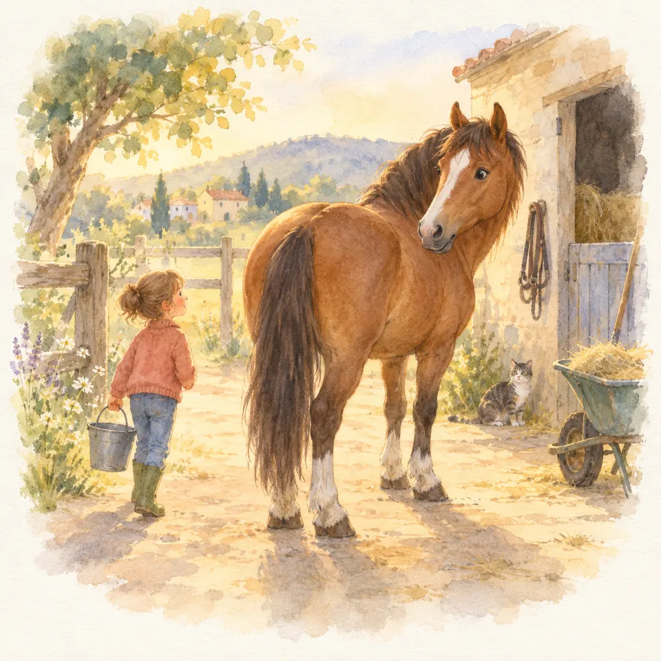 Une enfant portant un seau arrive derrière un cheval bai qui tourne la tête vers elle devant l’écurie