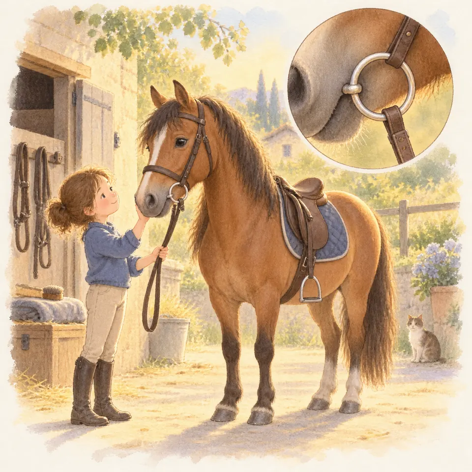 Une enfant tient la longe d’un poney bai sellé près de l’écurie, avec un détail de l’anneau métallique du licol
