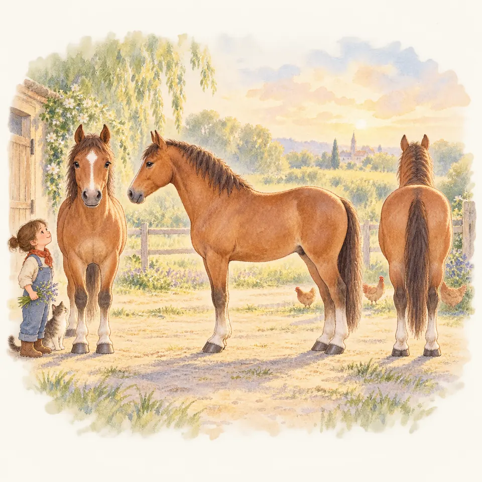 Trois chevaux bais se tiennent à l’arrêt dans une cour, leurs membres posés au sol, près d’une enfant et de poules