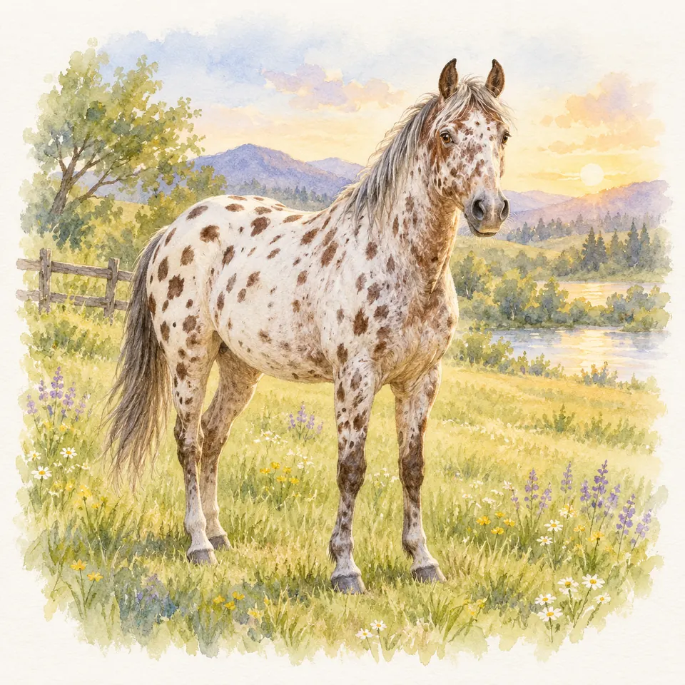 Un cheval appaloosa à la robe blanche tachetée de brun se tient dans un pré fleuri près d’un lac