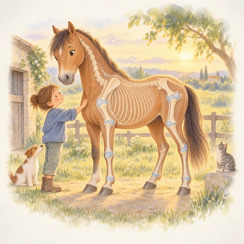 Un enfant touche l’encolure d’un cheval bai dont le squelette et les articulations sont visibles dans une cour