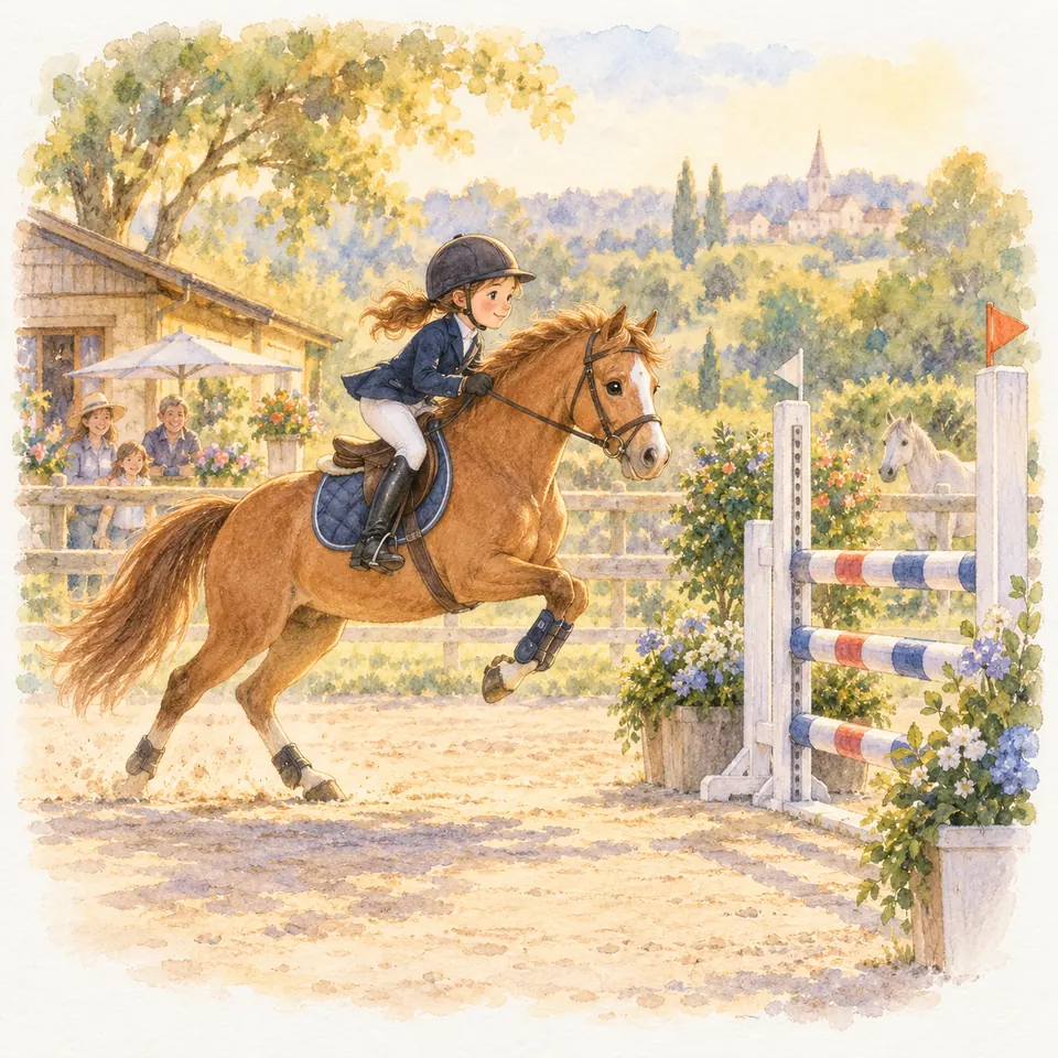 Une cavalière en équilibre sur un poney alezan aborde l’appel devant un obstacle à barres dans une carrière