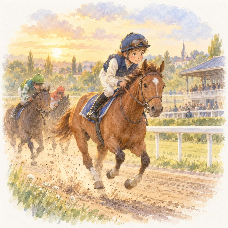 Un jeune jockey en casque bleu galope sur un cheval alezan devant deux concurrents sur une piste de course