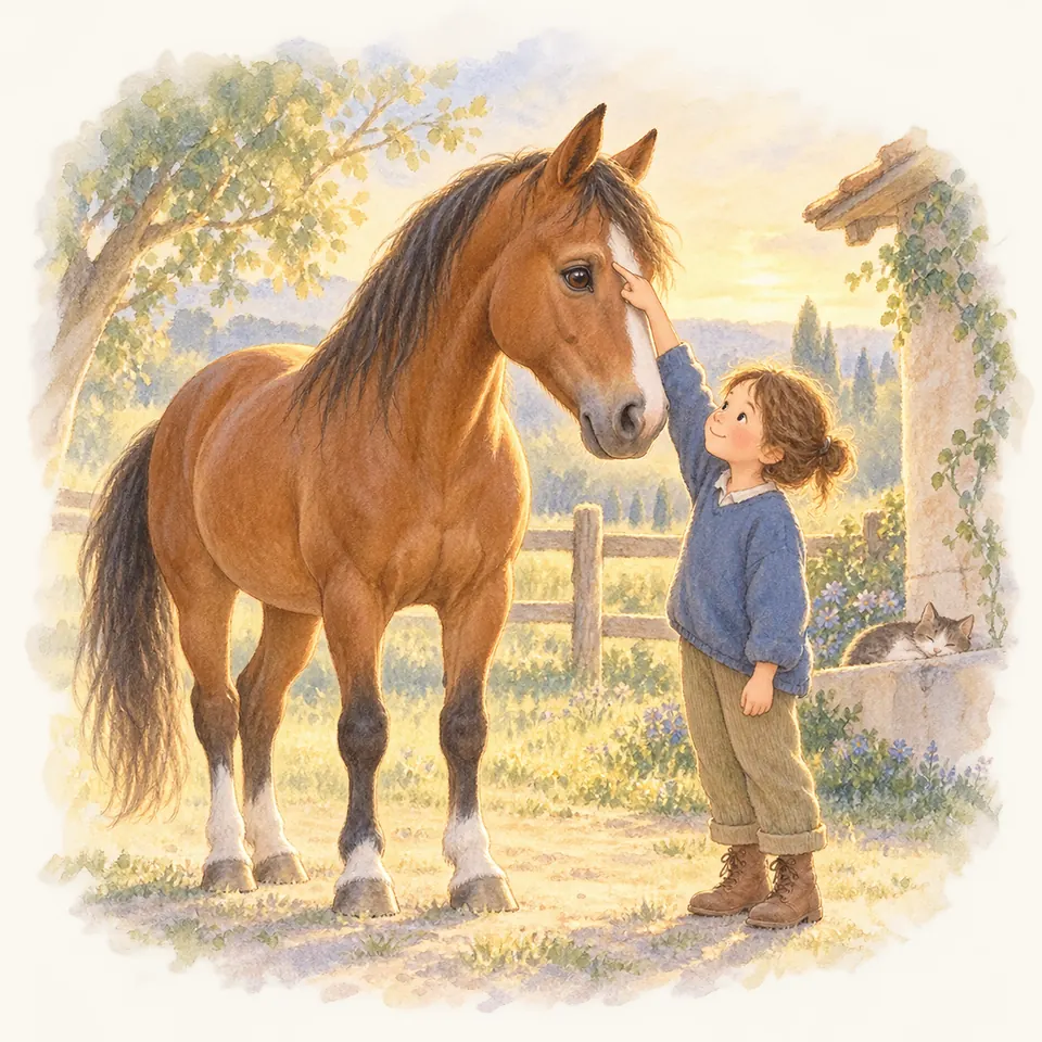 Un enfant pose la main au-dessus de l’œil d’un cheval bai debout près d’une clôture dans la cour d’une écurie