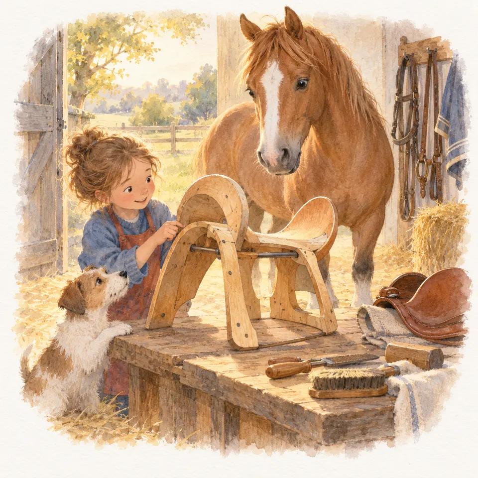 Une jeune fille examine un arçon de selle en bois sur un établi, devant un cheval alezan dans une écurie