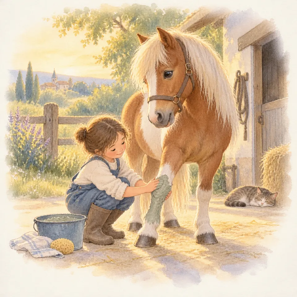 Une jeune fille applique de l’argile sur un antérieur d’un poney palomino, près d’un seau devant l’écurie