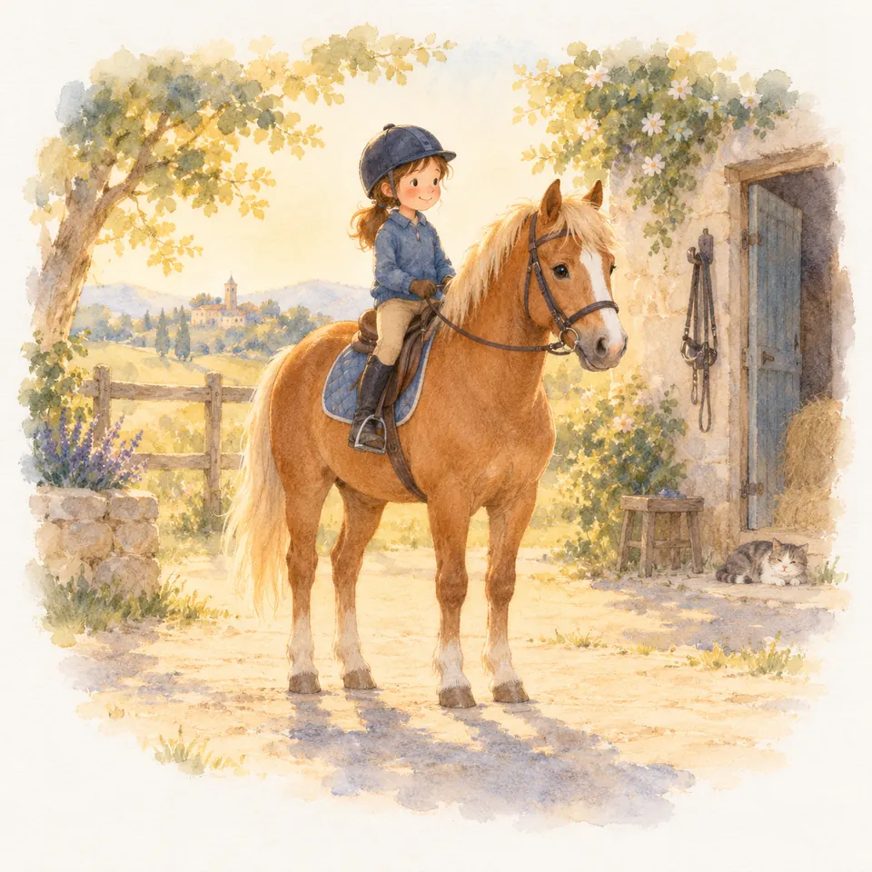 Une enfant casquée tient les rênes d’un poney alezan à l’arrêt dans la cour d’une écurie
