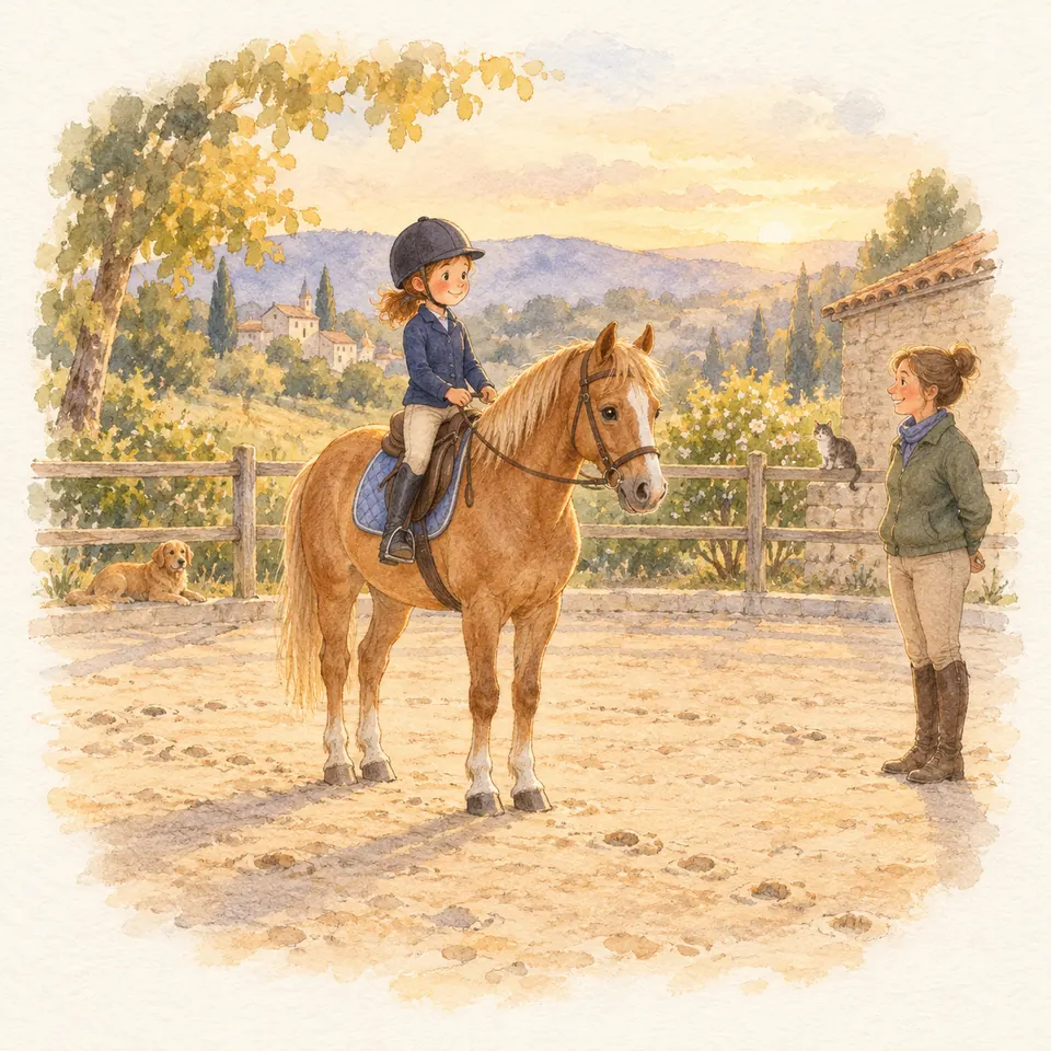 Une enfant monte un poney alezan à l’arrêt, les quatre pieds posés au sol, face à une monitrice dans une carrière