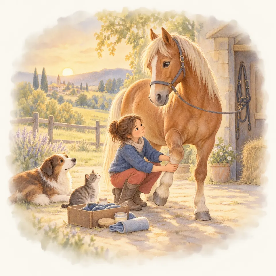 Une jeune fille accroupie tient un antérieur levé d’un poney palomino attaché devant l’écurie, près de bandes enroulées
