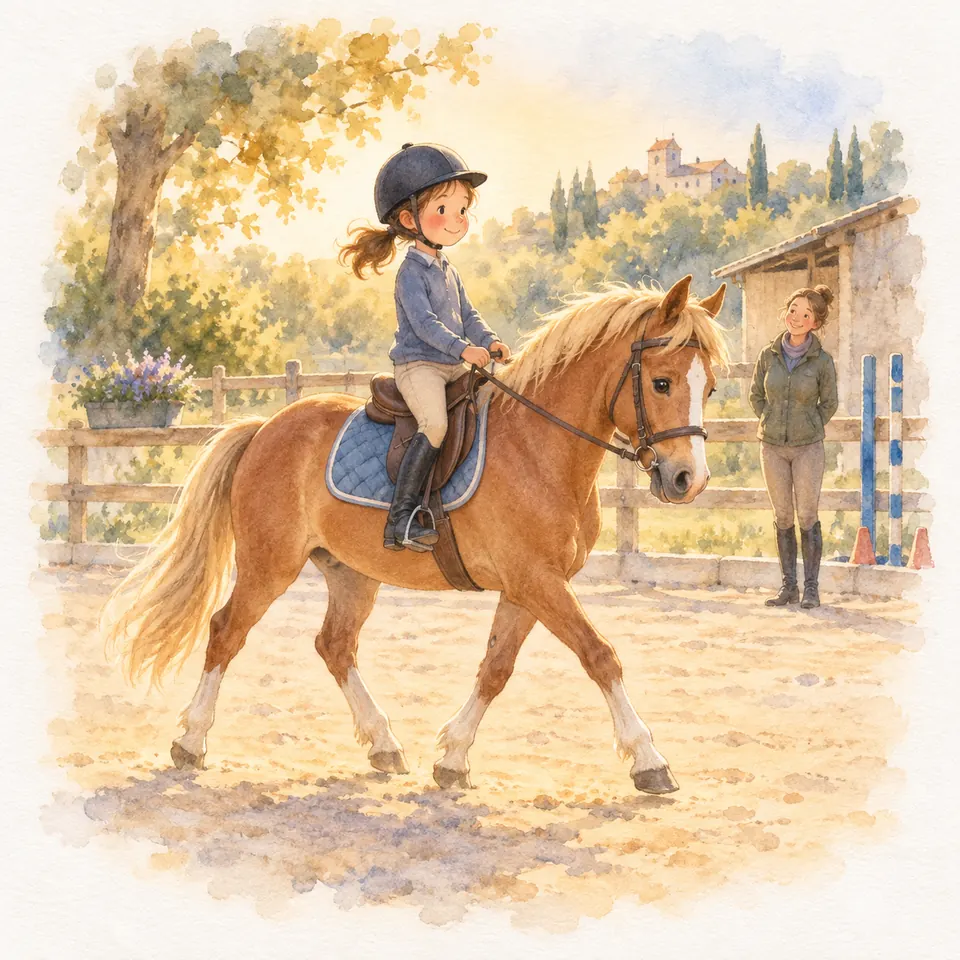 Une enfant casquée se tient droite en selle sur un poney alezan au pas dans une carrière, sous le regard d’une monitrice