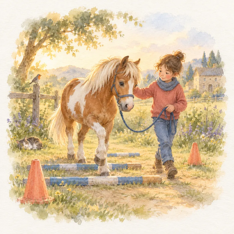 Une jeune fille mène en longe un poney pie alezan qui franchit des barres au sol entre des cônes dans un pré