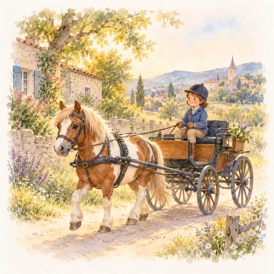 Une enfant casquée tient les guides d’un poney pie alezan attelé à une voiture à quatre roues sur un chemin