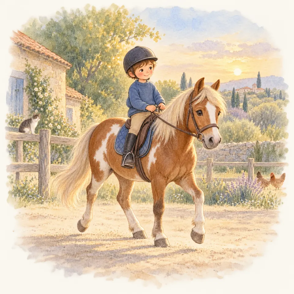 Un enfant casqué monte un poney pie alezan en mouvement sur un chemin, près d’une maison et d’une clôture
