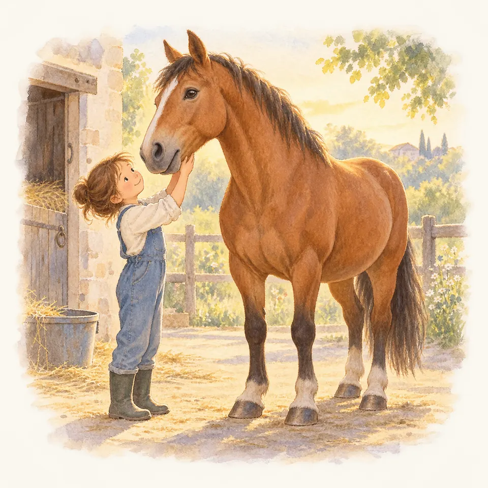 Une enfant en salopette touche le dessous de la mâchoire d’un cheval bai devant la porte d’une écurie