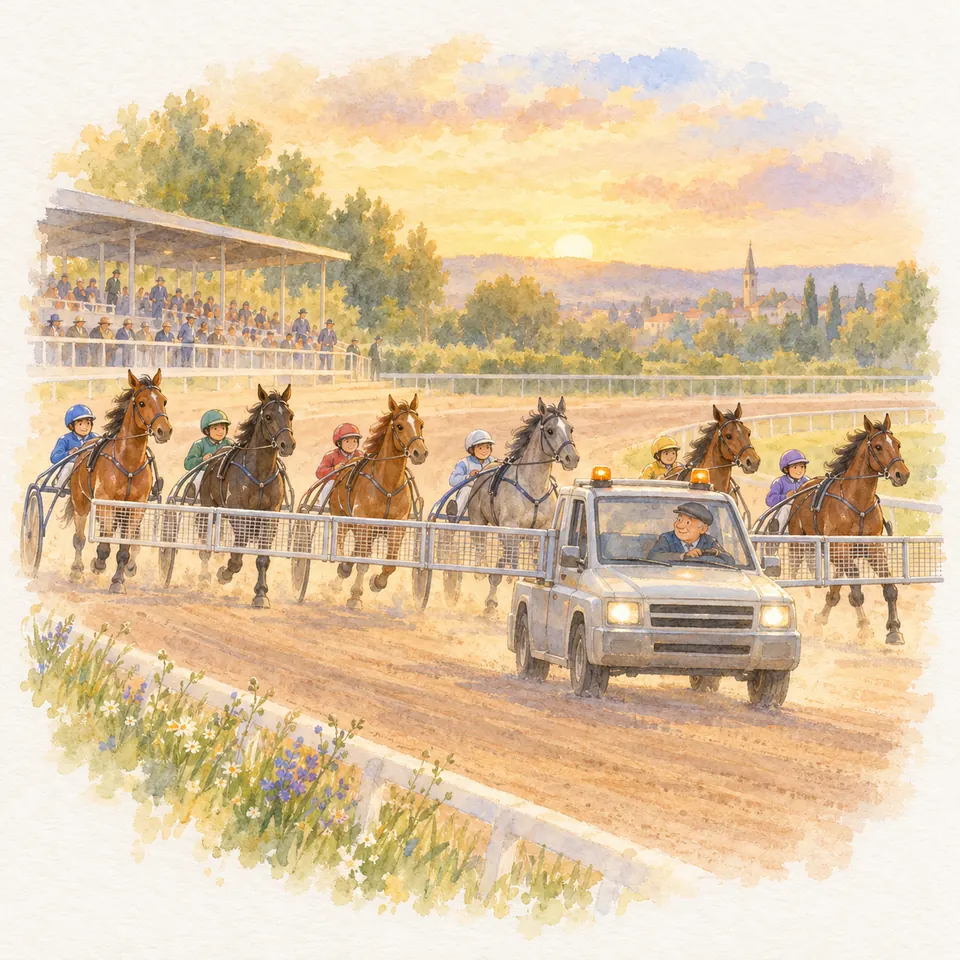 Des chevaux attelés à des sulkys suivent une voiture aux ailes déployées pour un départ à l’autostart sur une piste