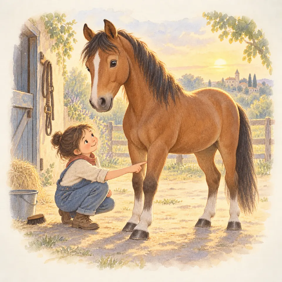 Une enfant accroupie désigne l’avant-bras d’un cheval bai debout dans la cour, près de la porte d’une écurie