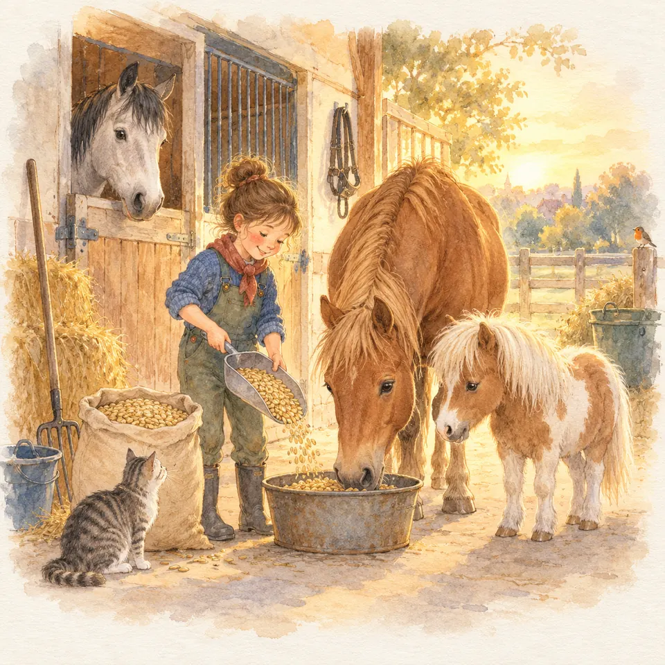 Une enfant verse de l’avoine dans une bassine devant un cheval alezan et un poney pie alezan, près des boxes