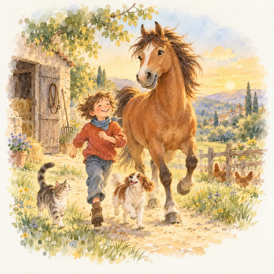Un cheval bai trotte aux côtés d’un enfant, d’un chien et d’un chat sur un chemin devant une écurie