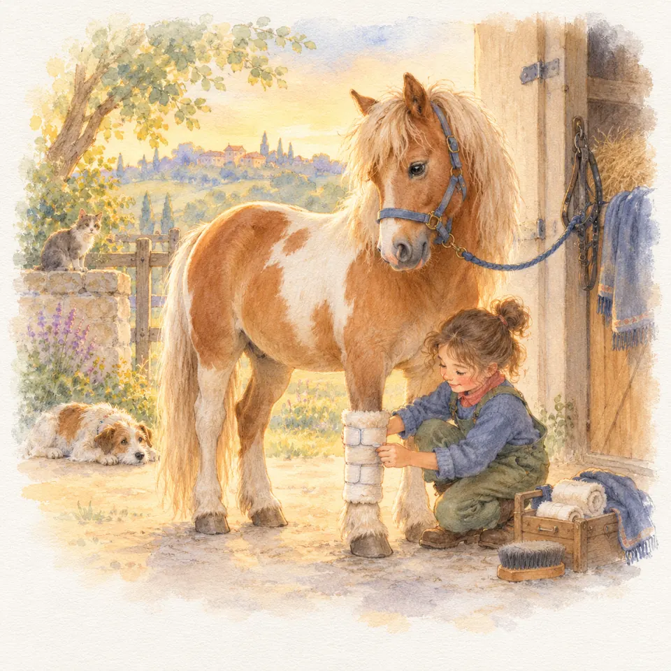 Une jeune fille accroupie pose une bande de repos blanche sur un antérieur d’un poney pie alezan attaché à l’écurie