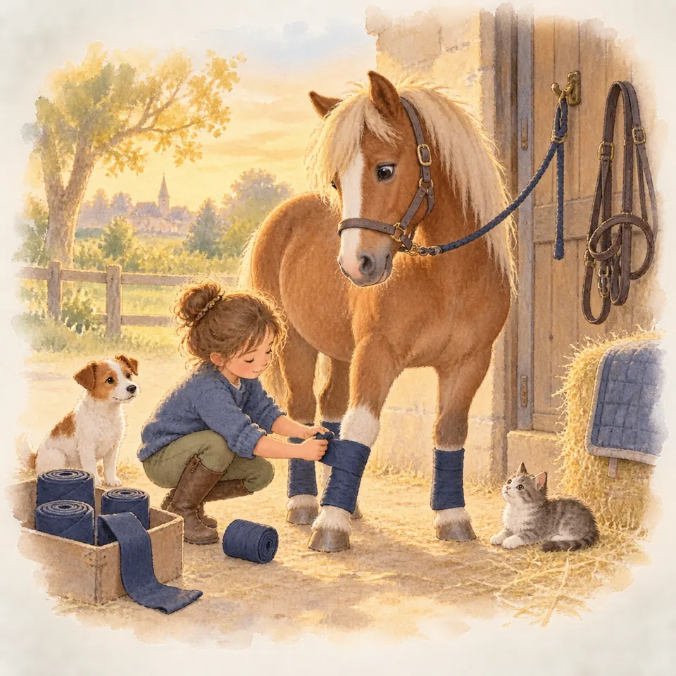 Une jeune fille accroupie enroule une bande bleue sur un antérieur d’un poney palomino attaché devant l’écurie