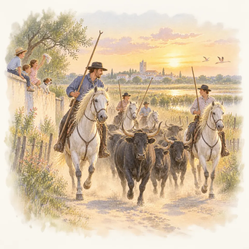 Des gardians montés sur des chevaux gris encadrent des taureaux noirs sur un chemin bordé de spectateurs