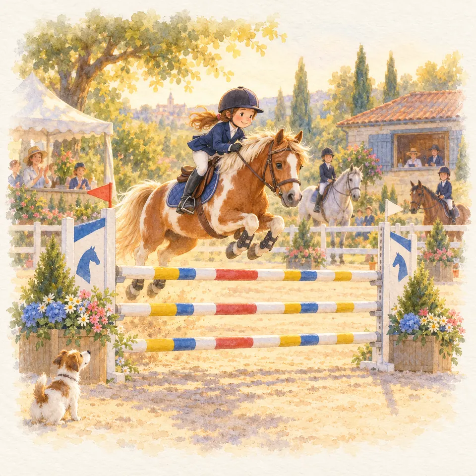 Une jeune cavalière et son poney pie alezan sautent un obstacle à barres colorées dans une carrière devant des spectateurs