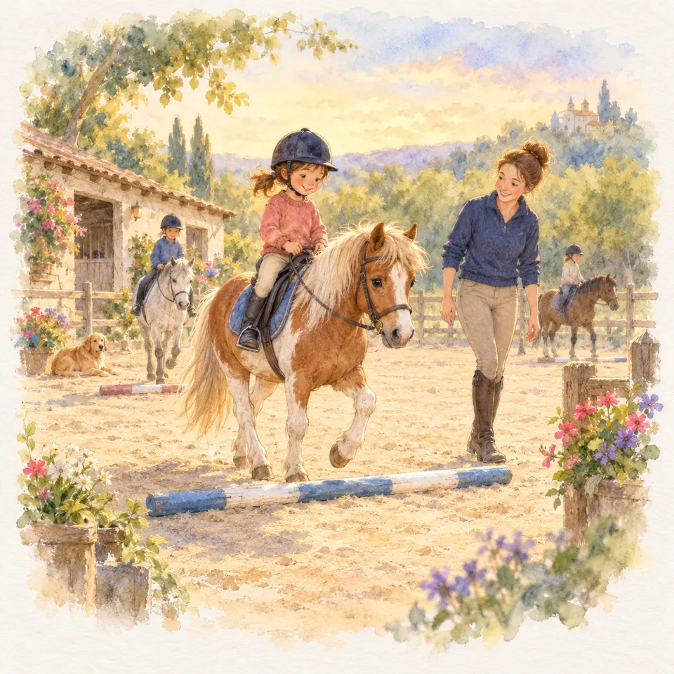 Une enfant sur un poney pie alezan franchit une barre au sol bleue et blanche, accompagnée d’une monitrice dans la carrière