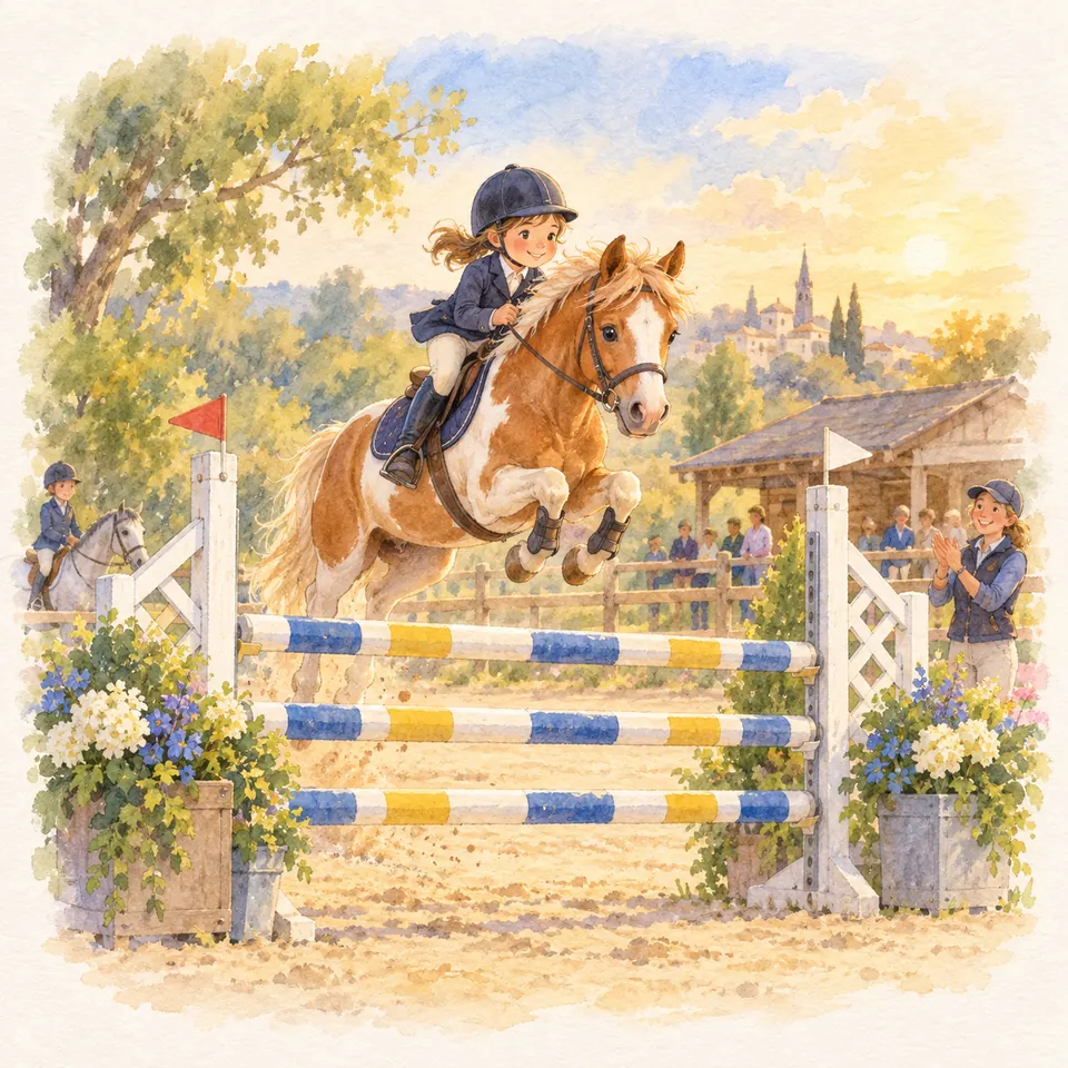 Une jeune cavalière sur un poney alezan franchit une barrière à trois barres bleues et jaunes dans une carrière