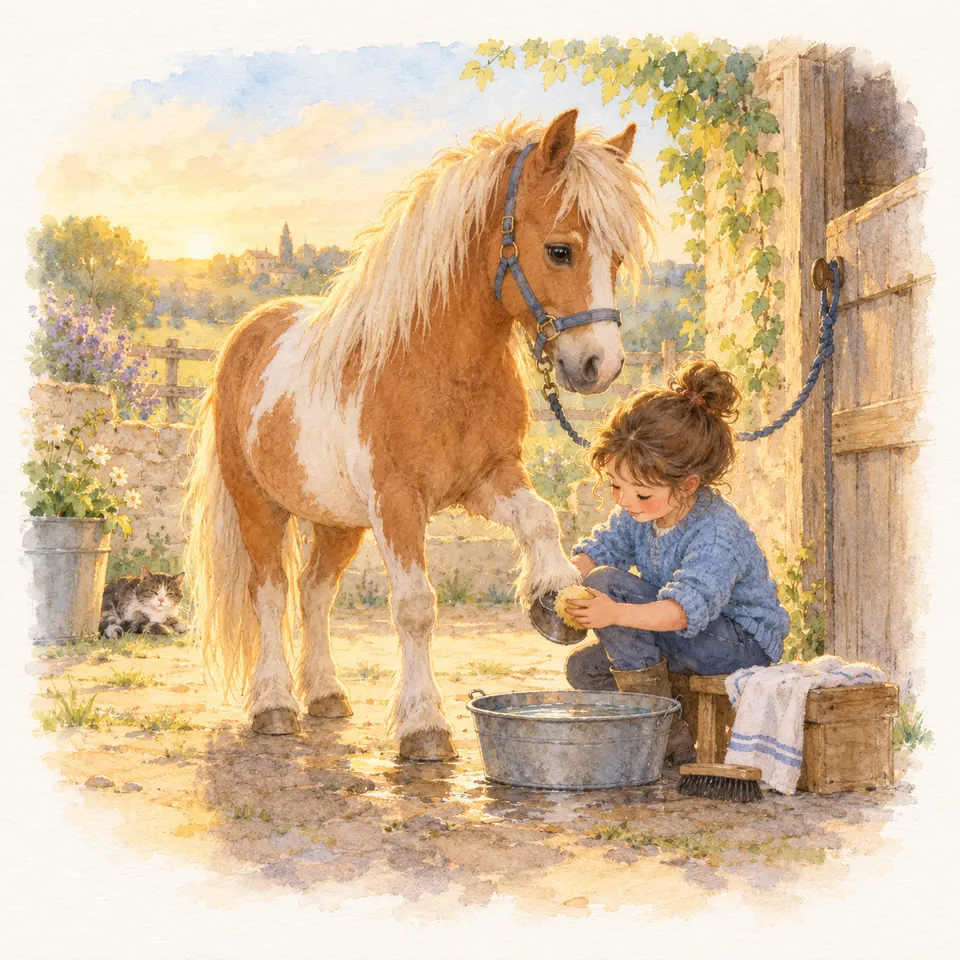 Une femme accroupie nettoie à l’éponge le sabot levé d’un poney pie alezan devant une écurie, près d’une bassine