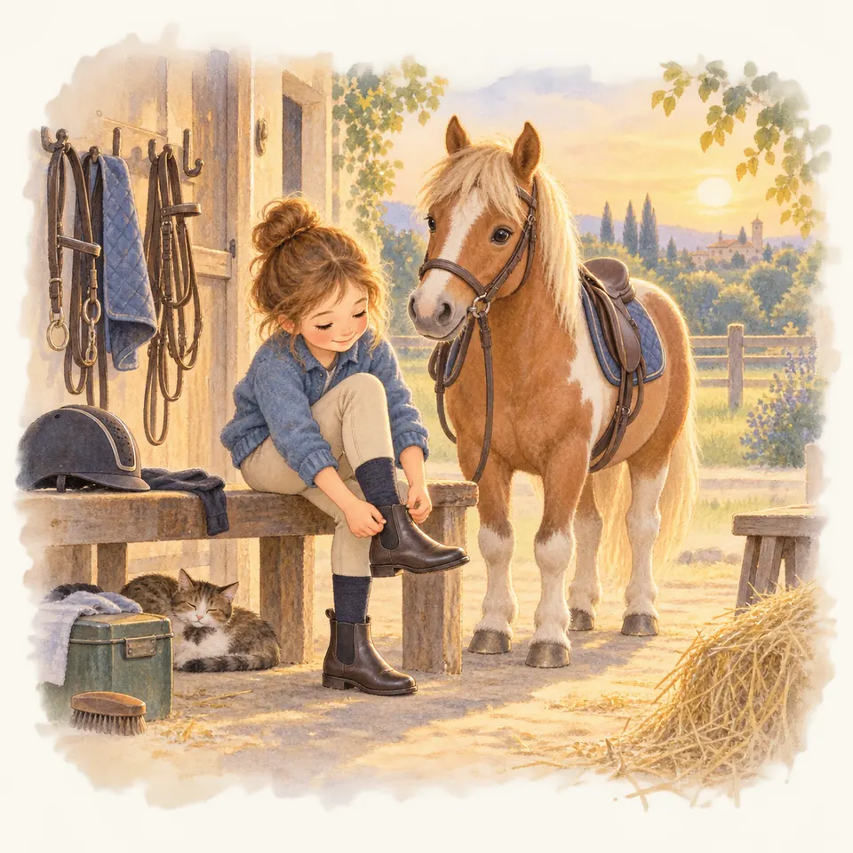 Une enfant assise sur un banc enfile une boots noire près d’un poney pie alezan sellé à l’entrée de l’écurie