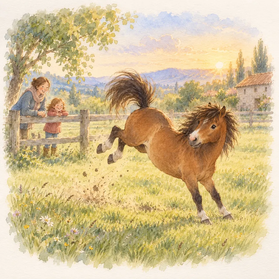 Un poney bai lance ses postérieurs en l’air dans un pré, devant une femme et un enfant accoudés à la clôture