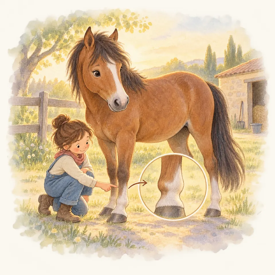 Une enfant accroupie pointe le boulet d’un antérieur d’un poney bai, avec un agrandissement de l’articulation à côté