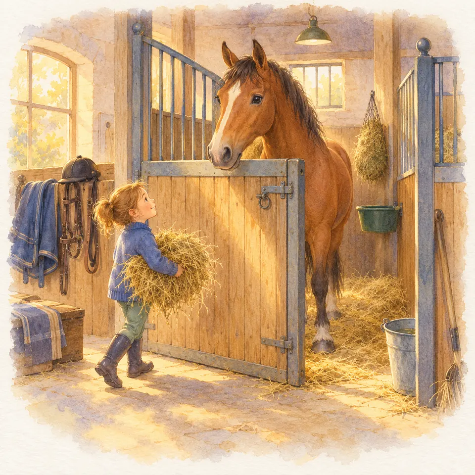 Une enfant apporte une brassée de foin à un cheval bai qui passe la tête au-dessus de la porte de son box
