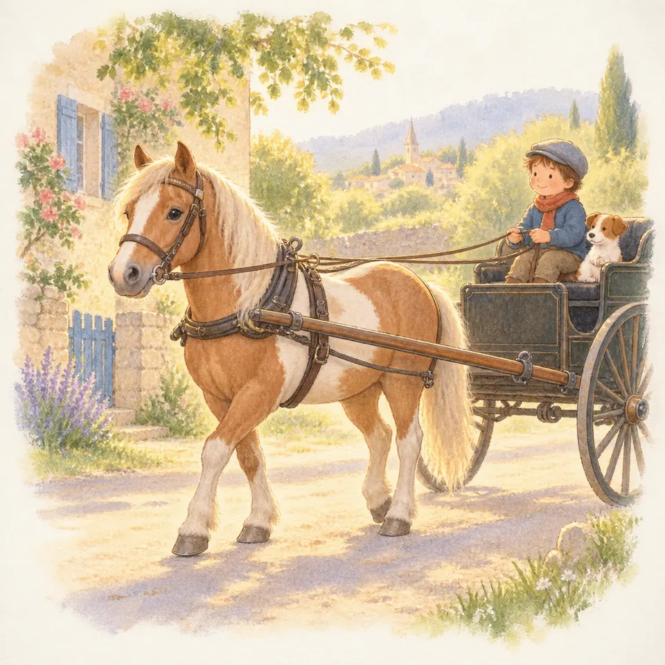 Un poney pie alezan marche entre les brancards d’une voiture attelée, menée par un enfant avec un chien à ses côtés