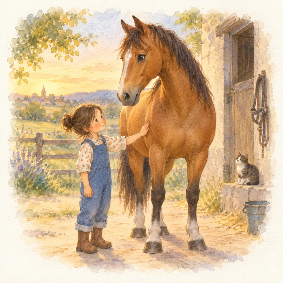 Une enfant tend le bras pour poser sa main sur le poitrail d’un cheval bai devant une écurie en pierre