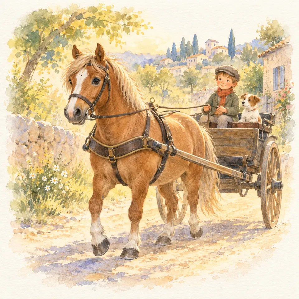 Un poney palomino porte une bricole sur le poitrail et tire une voiture en bois où sont assis un enfant et un chien